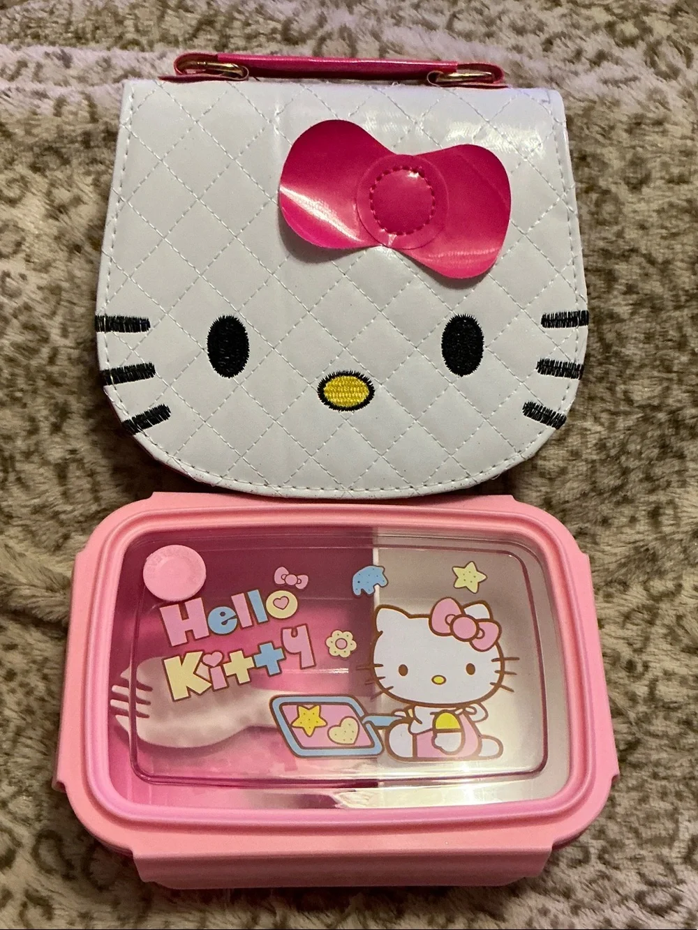 Hello Kitty White Crossbody Purse with Pink Bow and Pink Snack Box (2) Piece